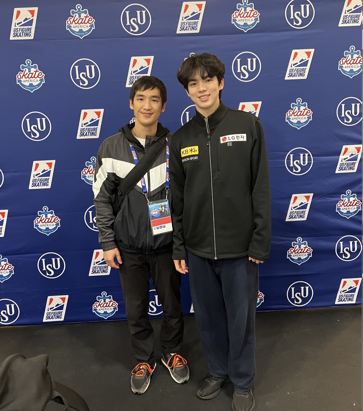 Logic Fitness founder Bryan Bang with Korean national figure skater Junhwan Cha at an international competition